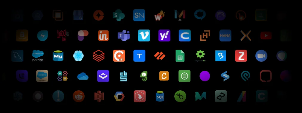 Grid of 750+ data source connector logos including databases, SaaS platforms, and cloud services